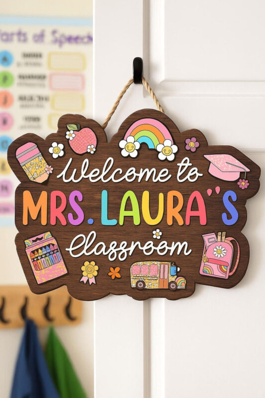 Custom Teacher Door Sign – Personalized Welcome Wooden Sign
