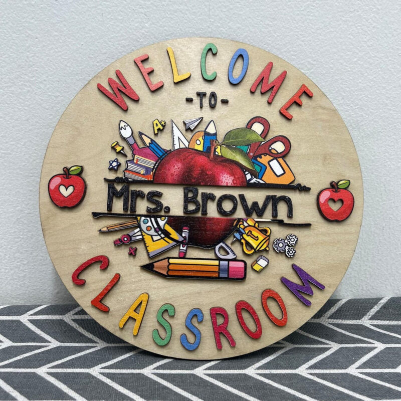 Round Wooden Classroom Welcome Sign with Name